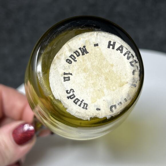 Vintage Chartreuse Green Glass Pitcher Applied Handle 6" Hand Blown Spain - Picture 9 of 10